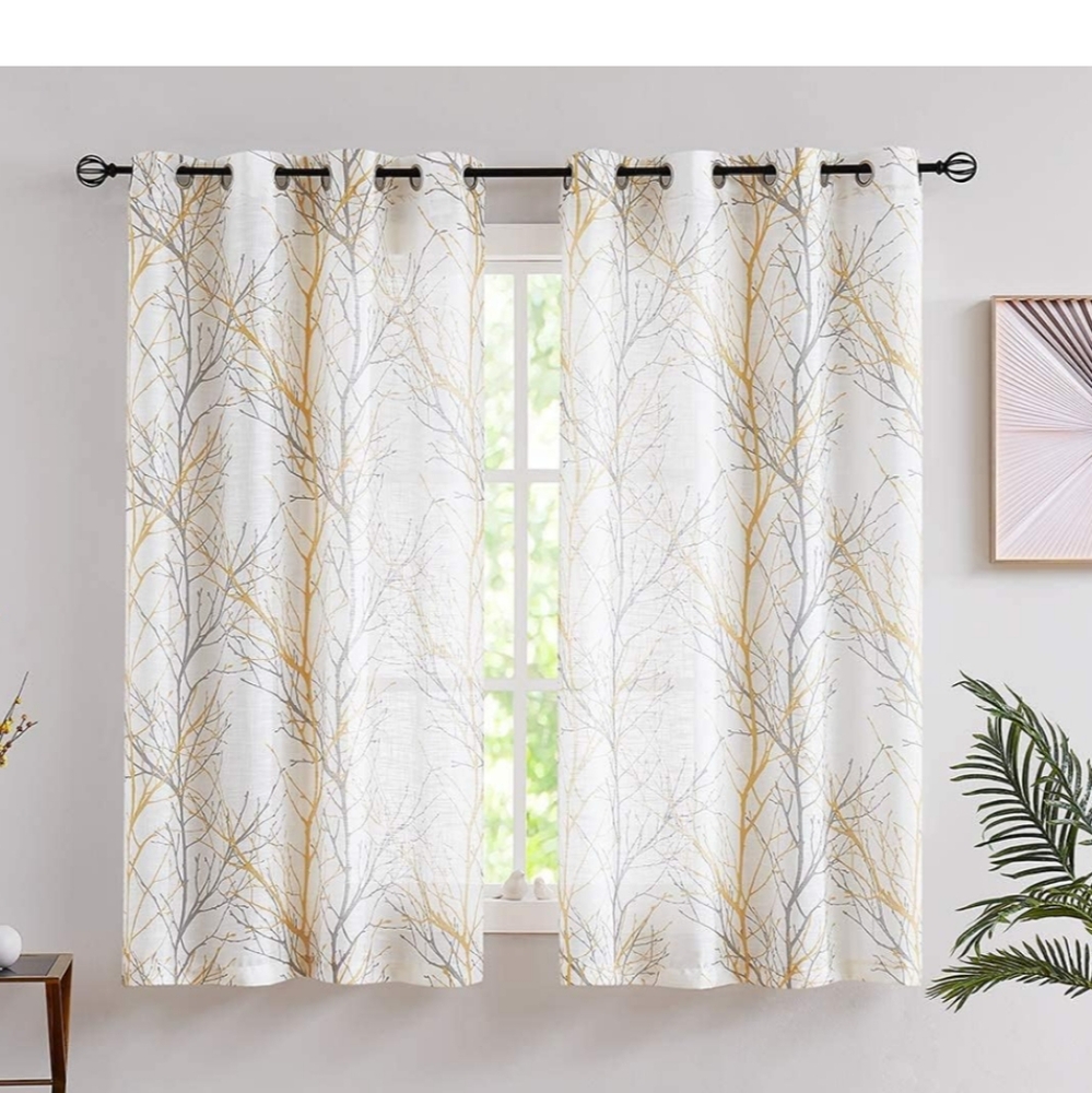 Curtains for Living Room 63” Yellow and Grey on White Linen Textured Window Drap